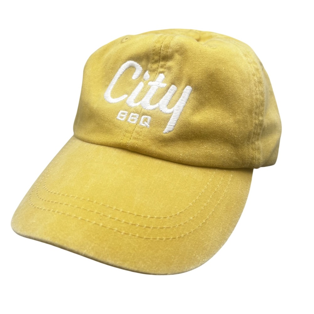 Adams City BBQ Mustard Yellow Washed Cotton Dad Hat Adjustable Leather Strap